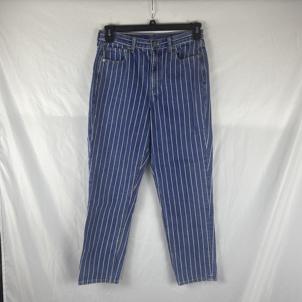 American Eagle Jeans Womens 8 Long Mom Jean High Waisted Med Wash White Striped